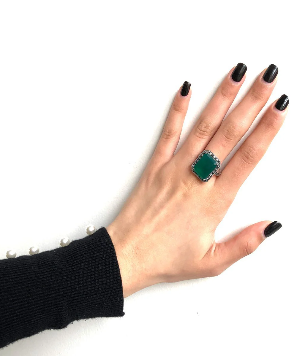 Bague art déco agate verte, marcassite et argent – Image 2