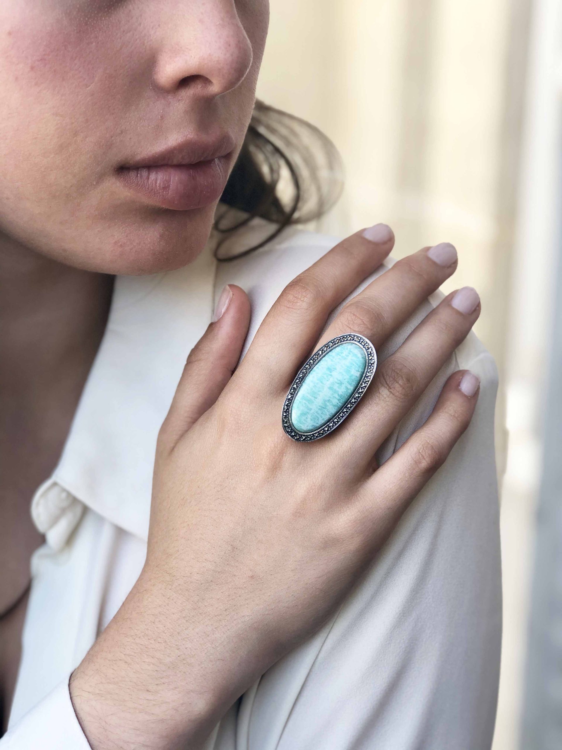 Longue bague amazonite art deco en argent et marcassites – Image 2