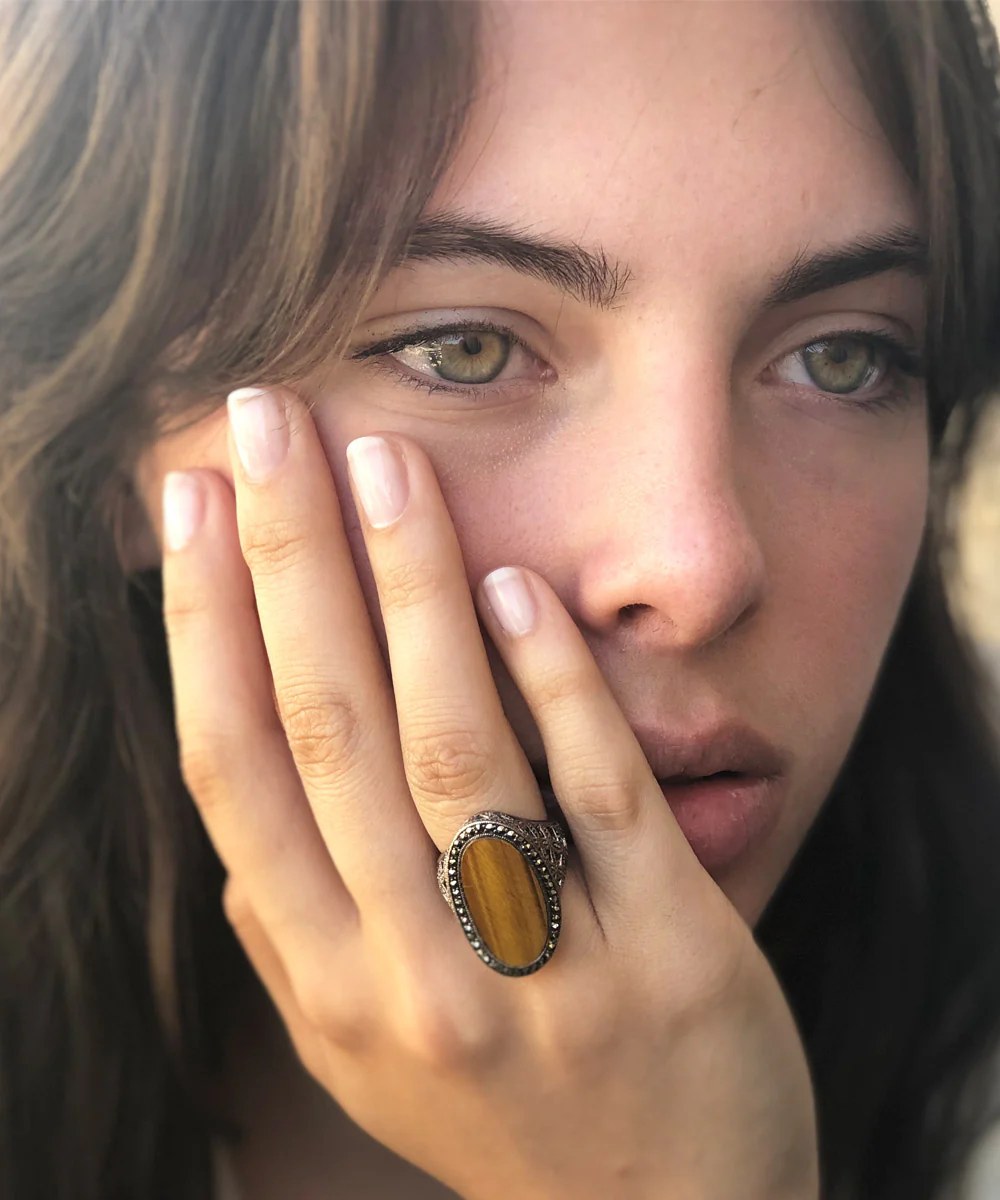 Bague oeil de tigre art deco ovale en argent et marcassites – Image 2