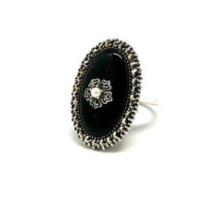 Bague onyx marcassite argent et perle de culture style art déco