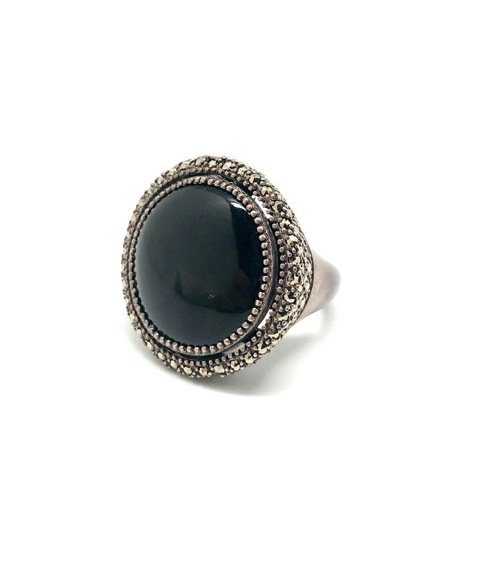 Bague onyx ronde, argent et marcassites - Métron
