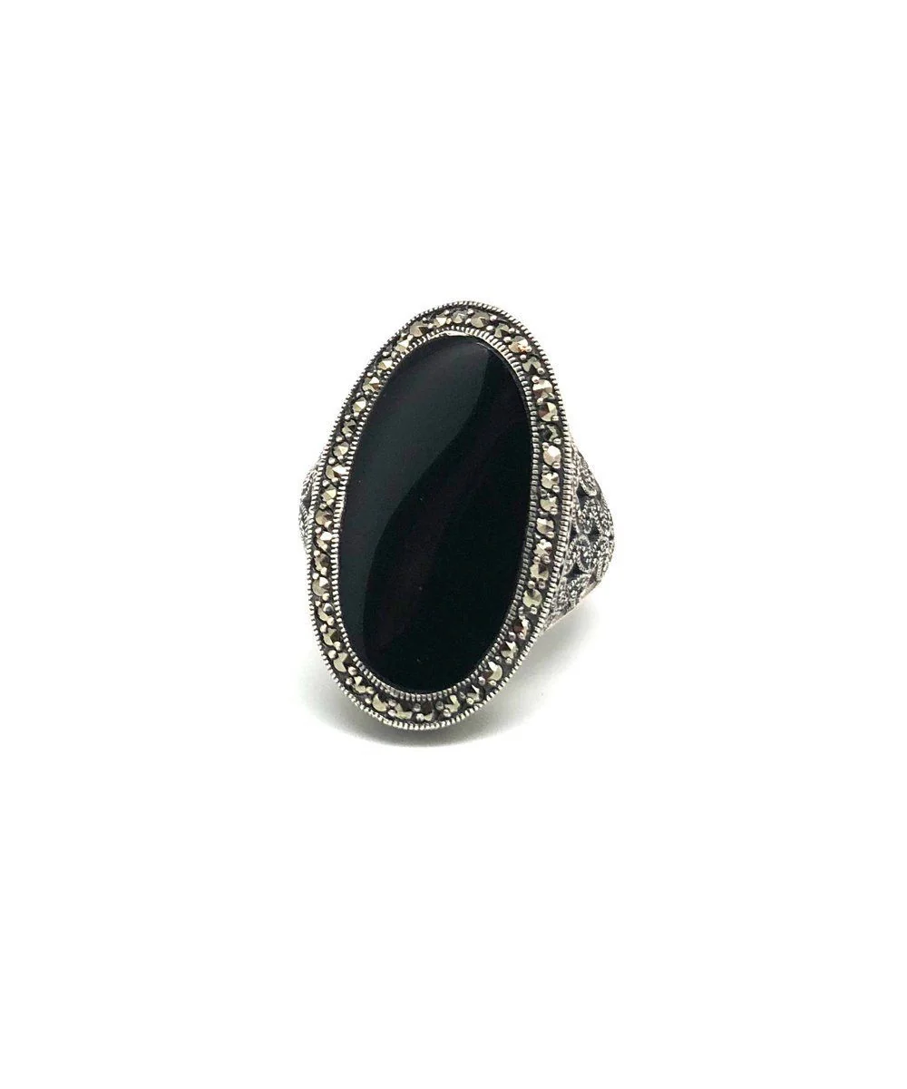 Bague onyx art deco ovale en argent et marcassites