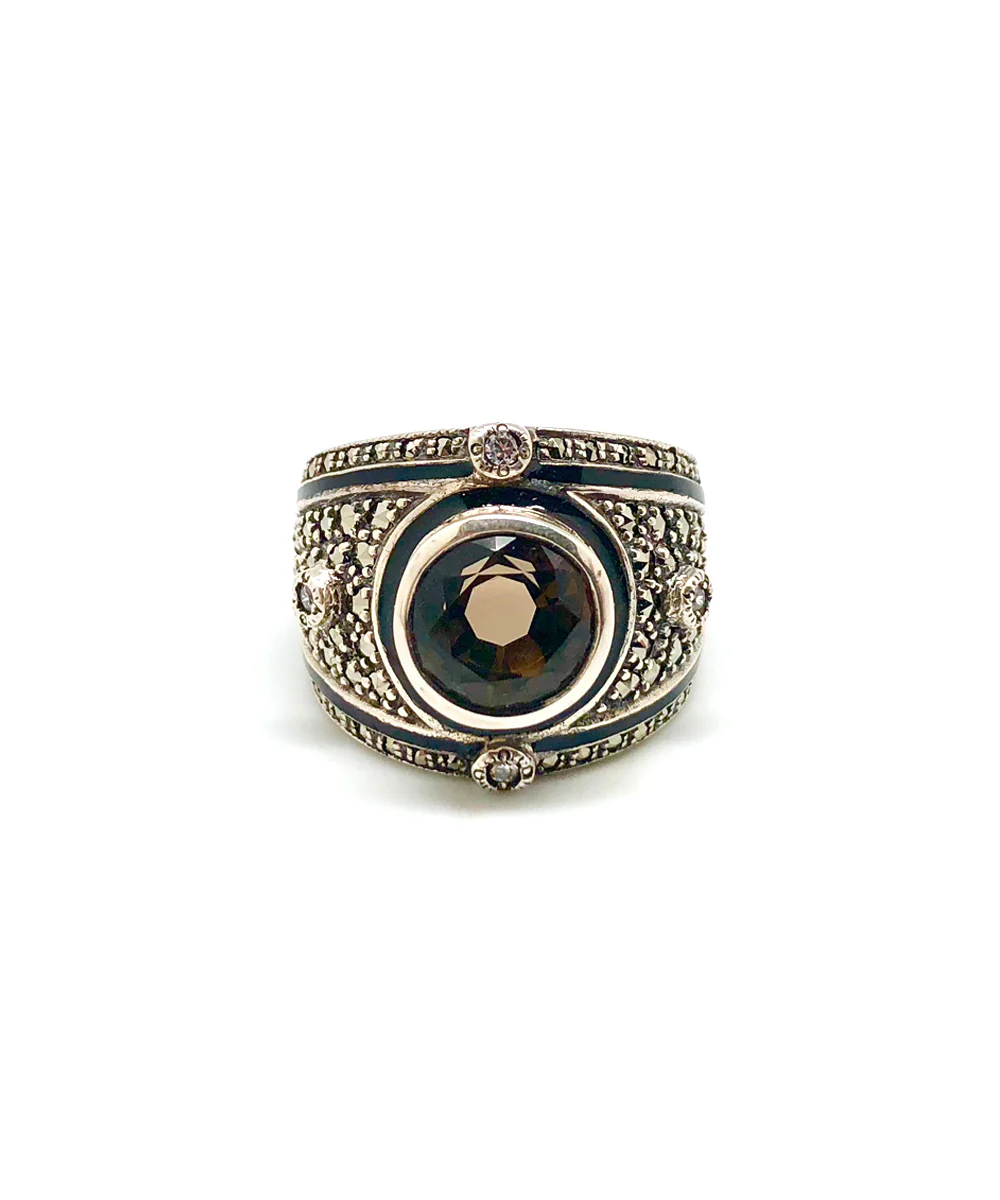 Bague quartz fumé, marcassites en argent de style art deco – Image 3