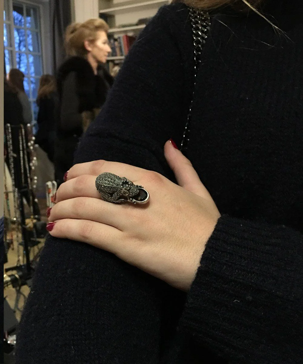 Grande bague grenouille argent, marcassites et quartz fumé style art déco – Image 2