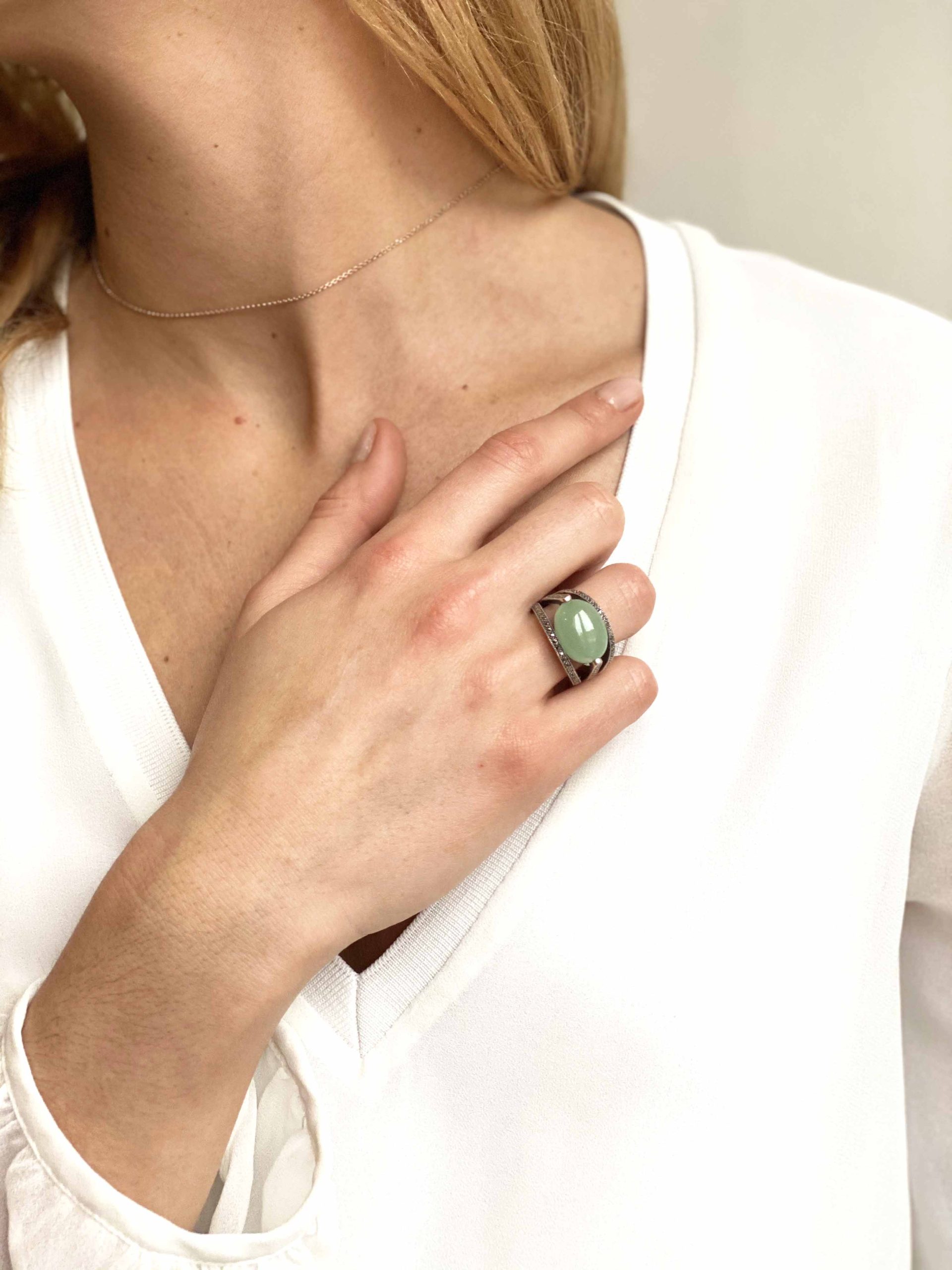 Bague jade art déco ovale en argent 925 et marcassites – Image 2