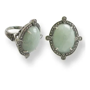 Grosse bague cabochon jade, argent et marcassites art déco