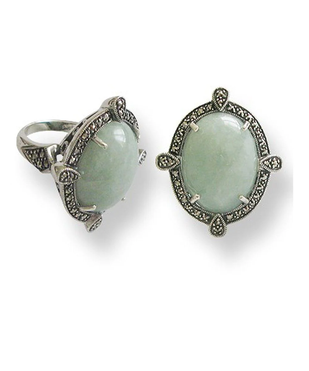 Grosse bague cabochon jade, argent et marcassites art déco