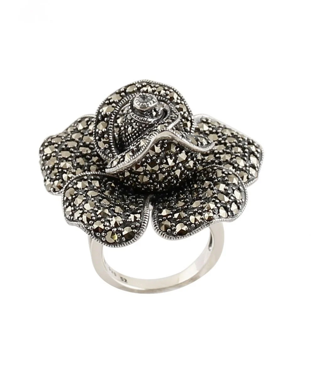 Grosse bague fleur art déco en argent et marcassites