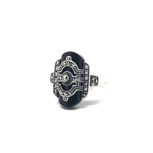 Bague onyx art déco, argent et marcassites