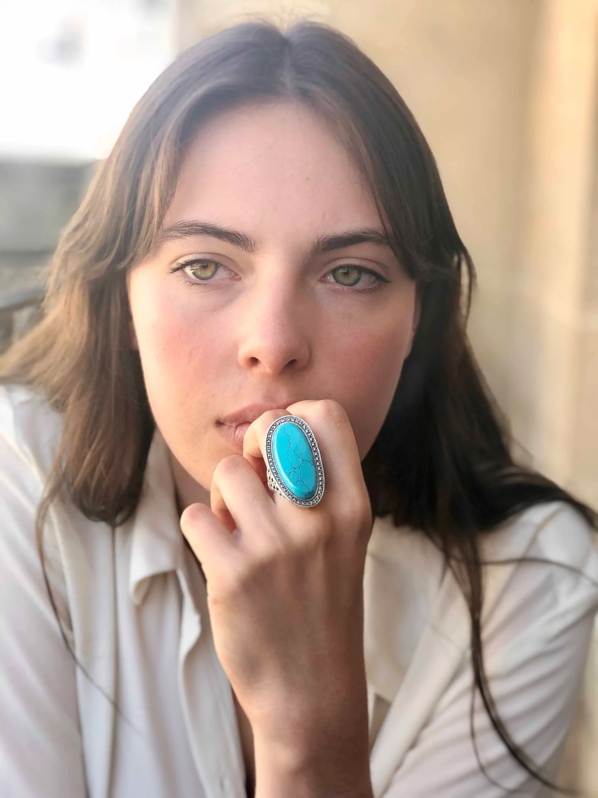 Longue bague turquoise art deco en argent et marcassites – Image 2