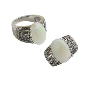 Bague pierre de lune art déco en argent 925 et marcassites