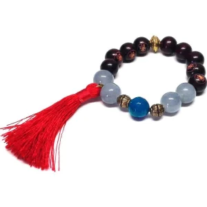 Bracelet mala tibetain agathes grises, bleues et pompon - Jewels of Mala