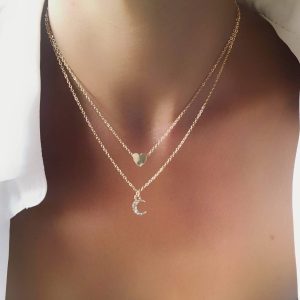 Collier double chaine coeur et lune