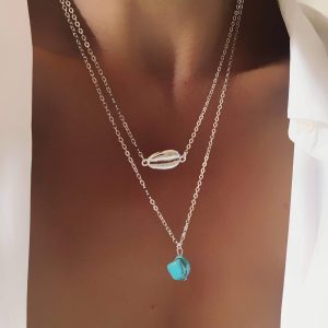 Collier multirangs coquillage argent pierre turquoise