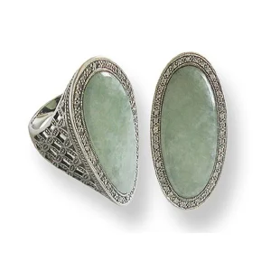 Bague art déco jade allongée, argent et marcassite