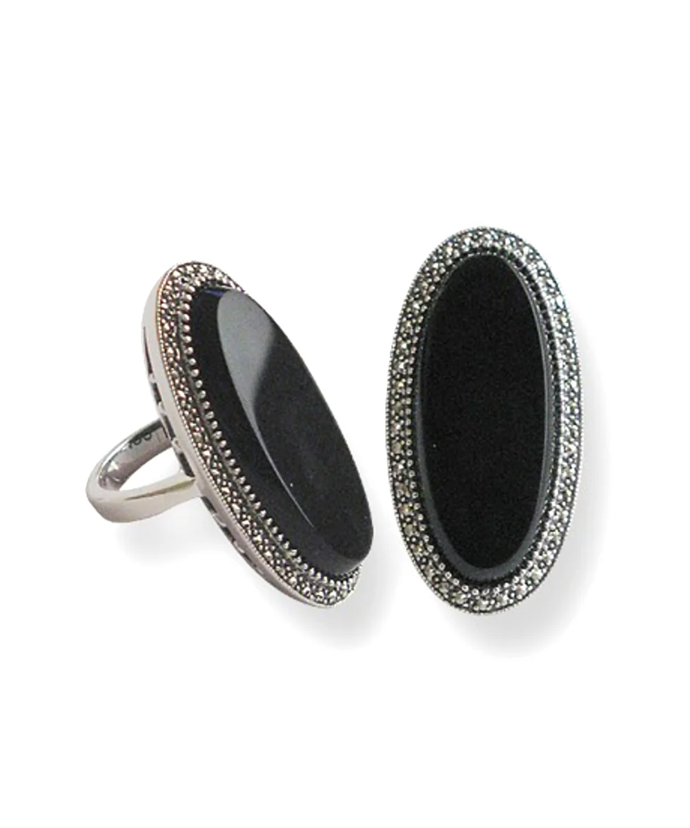 Longue bague onyx ovale art deco en argent et marcassites