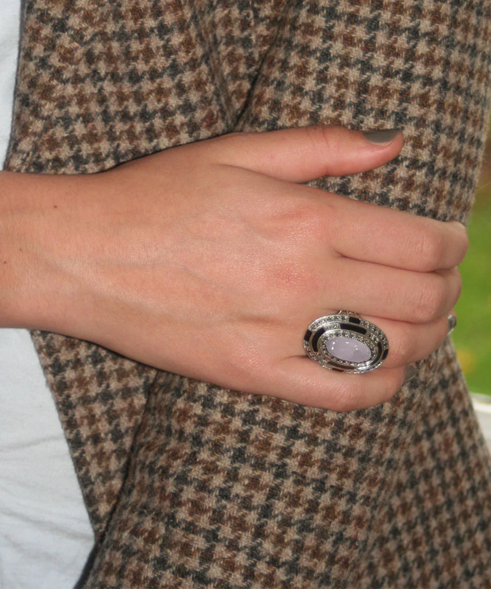 Grosse bague ovale quartz rose, marcassites et argent – Image 2