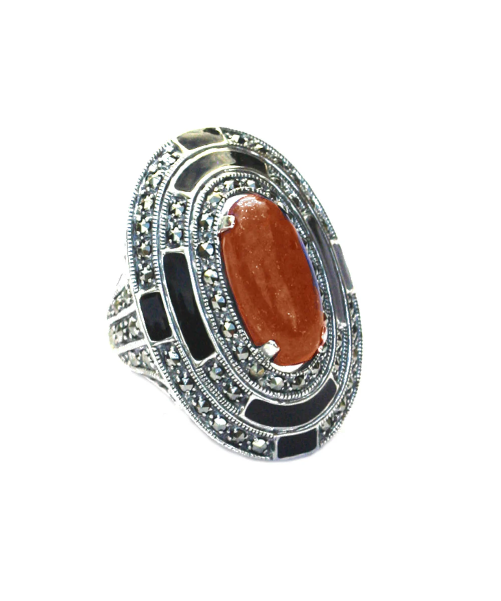 Grosse bague ovale cornaline, marcassites et argent