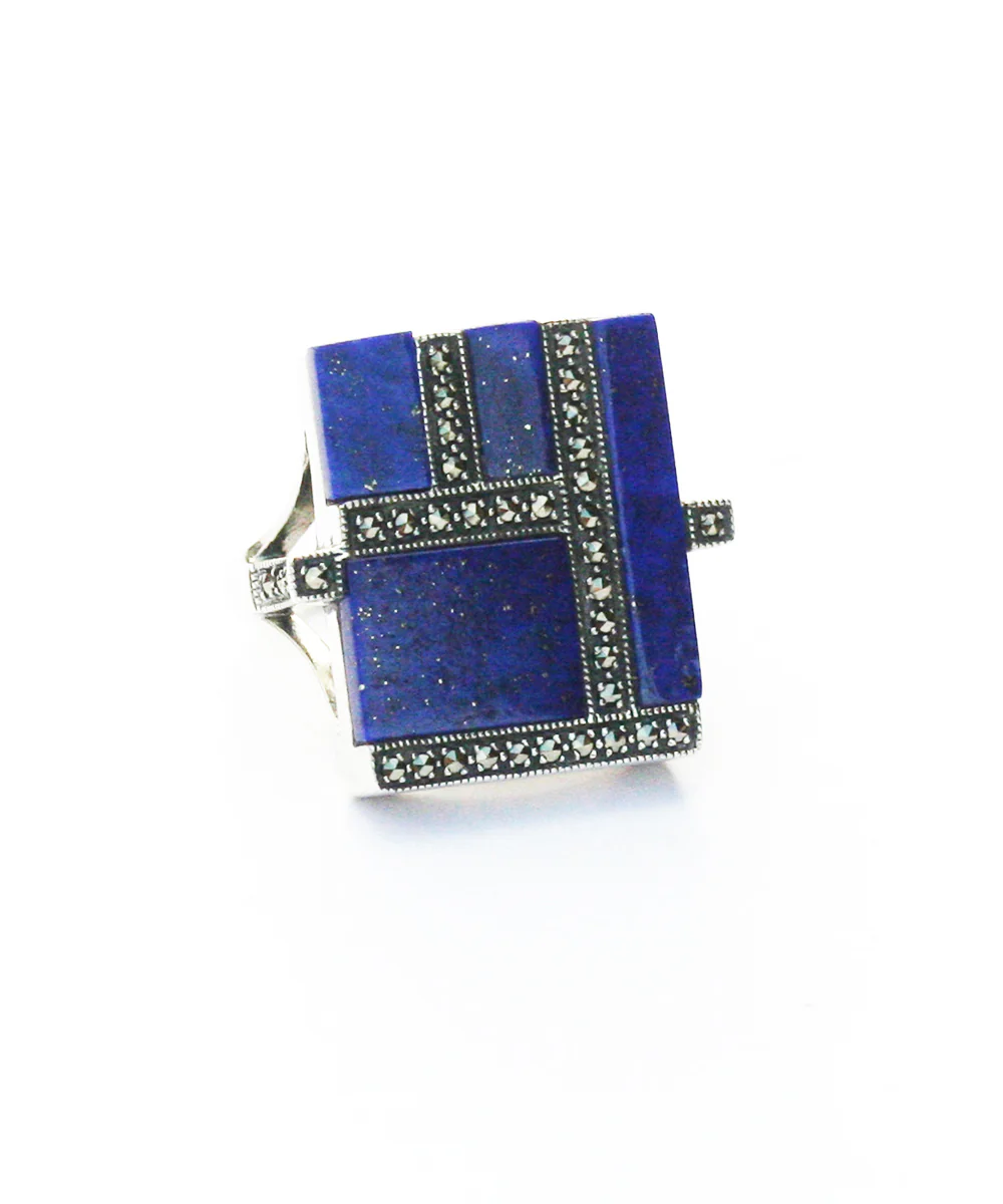 Bague art déco lapis-lazuli, marcassite et argent