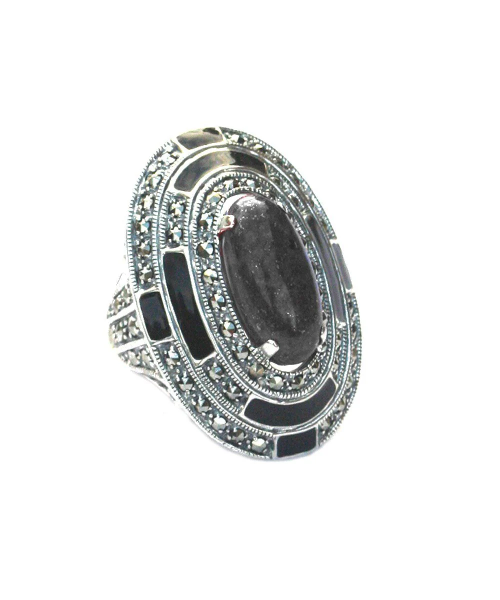 Grosse bague ovale onyx en marcassites et argent - Métron