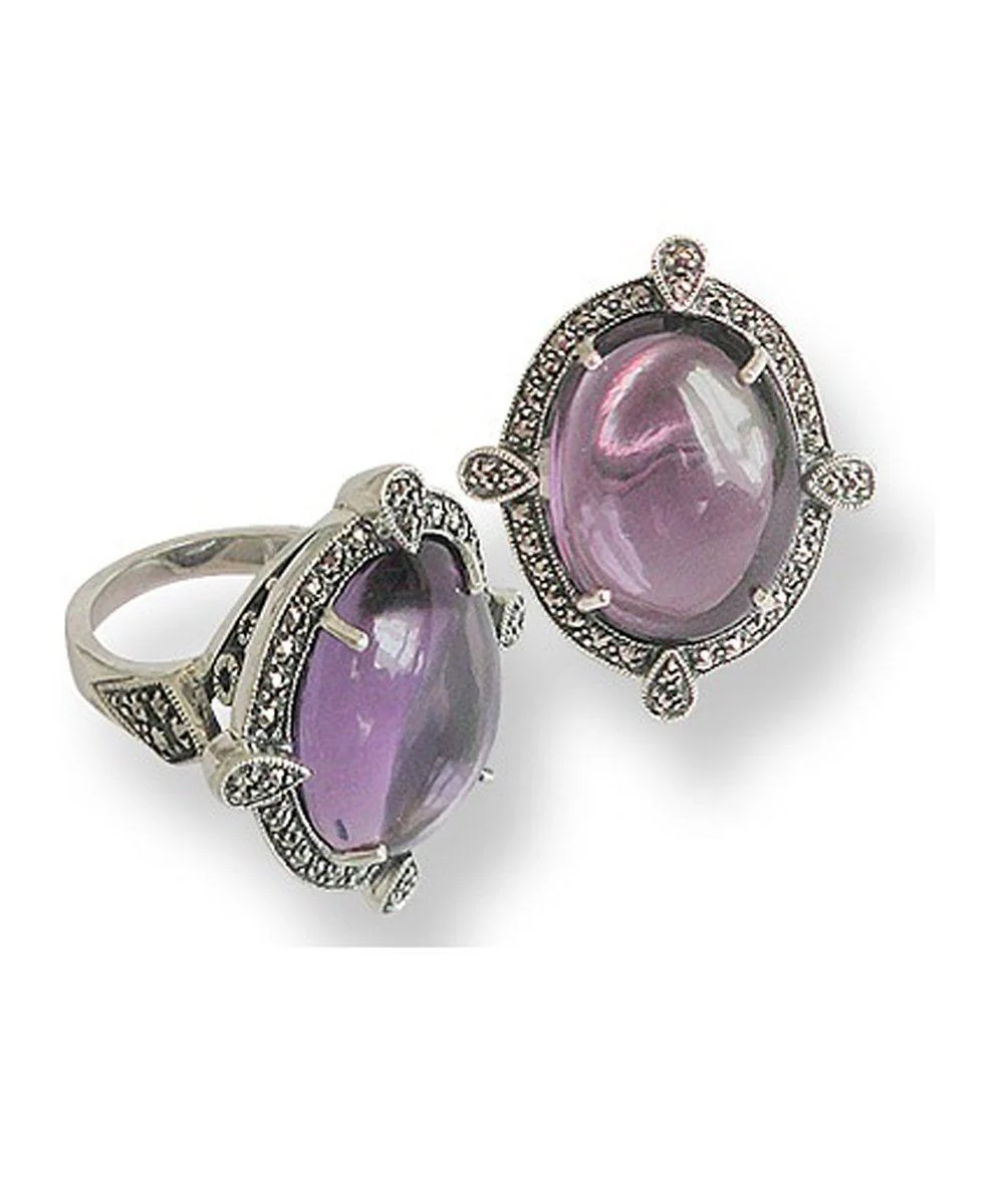 Grosse bague cabochon améthyste, argent et marcassites de style art déco
