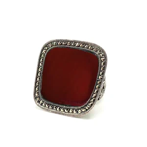 Grosse bague cornaline carrée, argent et marcassites - Métron