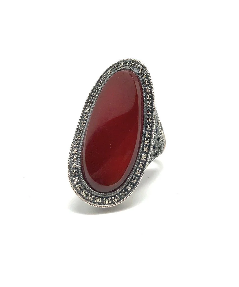 Longue bague cornaline art déco, argent et marcassite