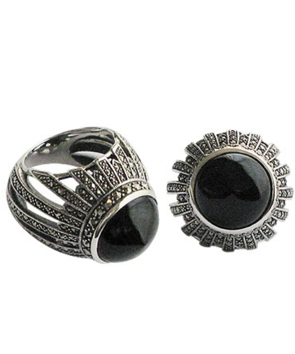 Grosse bague cabochon en onyx, argent et marcassites de style art déco – Image 3