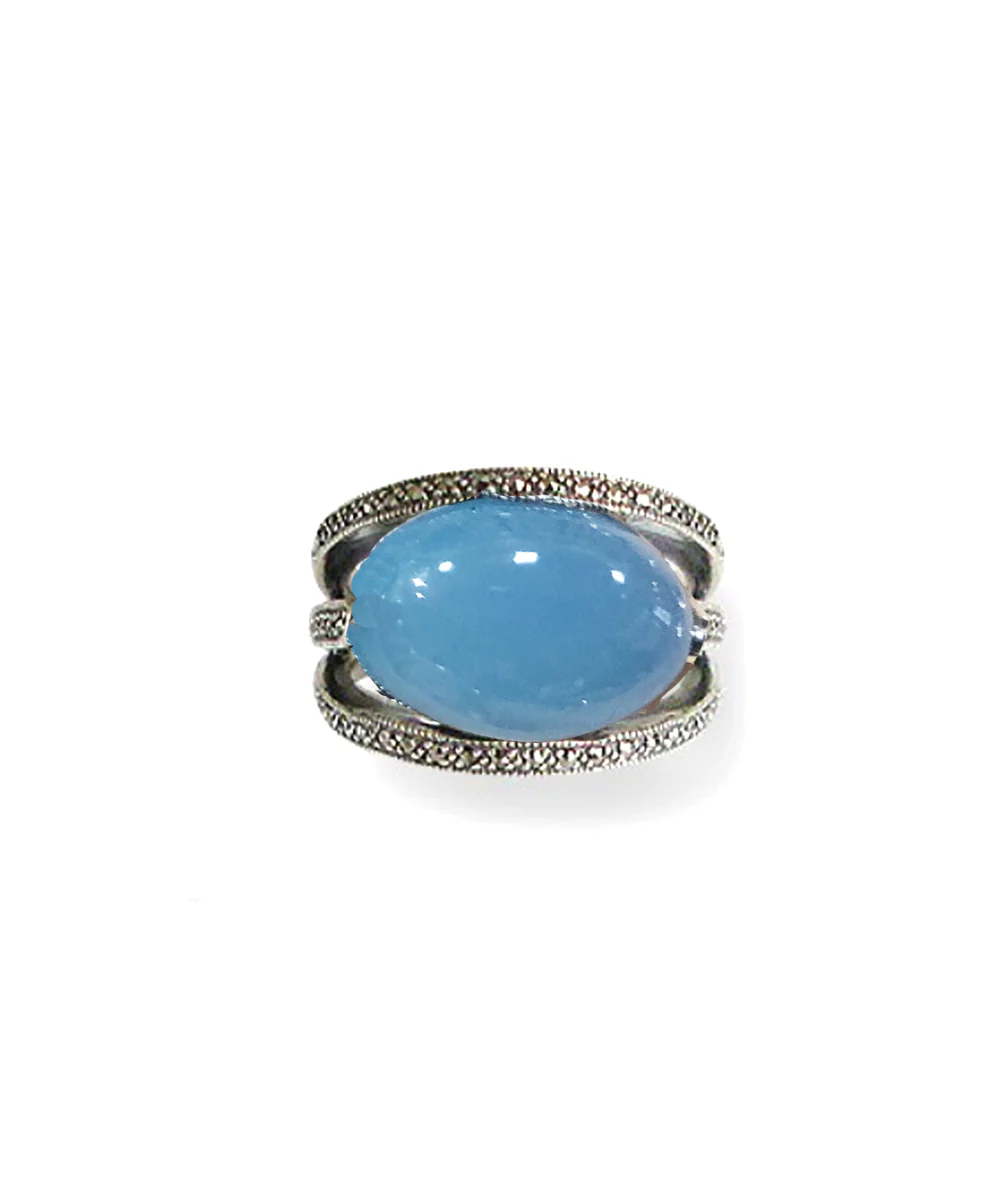 Bague jade bleu art déco ovale en argent 925 et marcassites – Image 3
