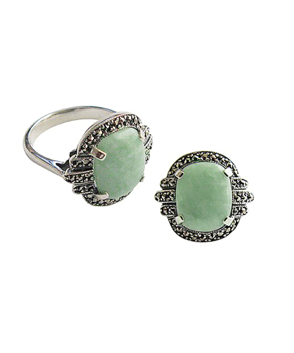 Bague en jade en argent 925 et marcassites de style ancien