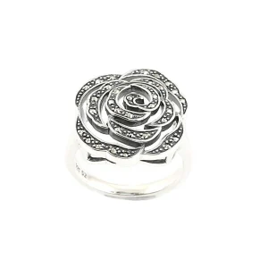Bague fleur rose en argent et marcassites style art déco