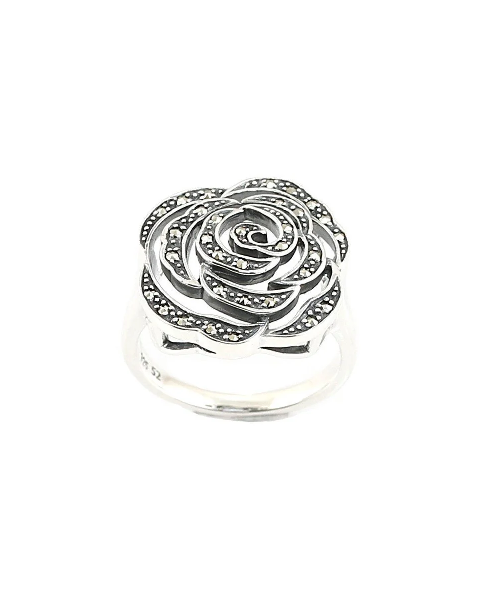 Bague fleur rose en argent et marcassites style art déco