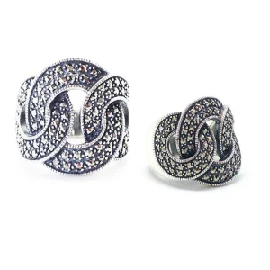 Bague anneau Enchainé art déco en argent et marcassites