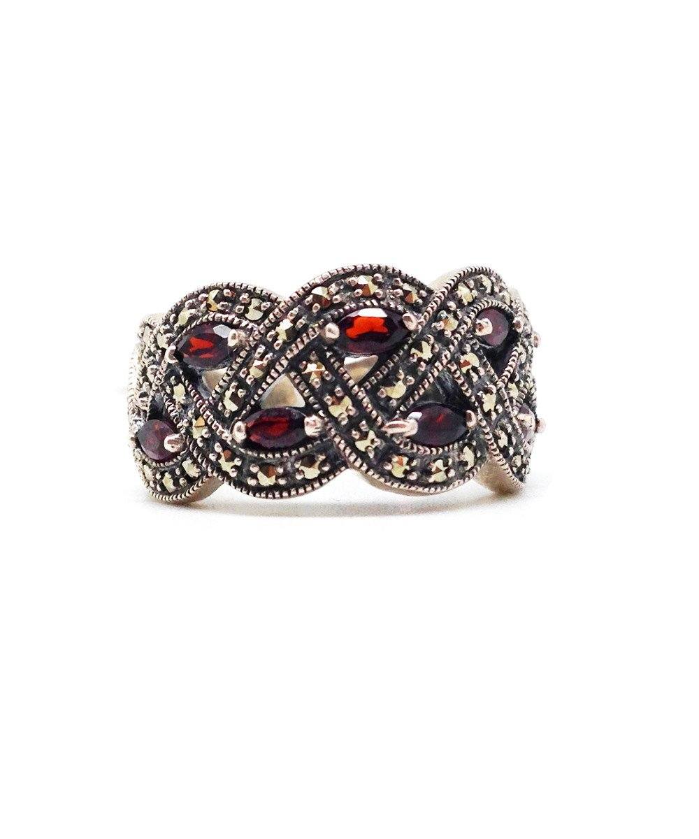 Bague art déco grenats en argent et marcassites