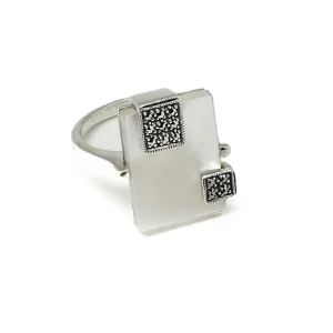 Bague nacre Mireille rectangle en argent et marcassites de style art déco