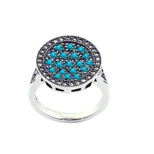 Bague ronde turquoises art déco, argent et marcassites