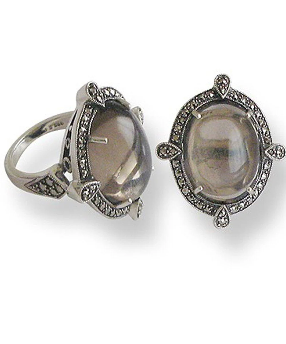 Grosse bague cabochon quartz fumé, argent et marcassites art déco
