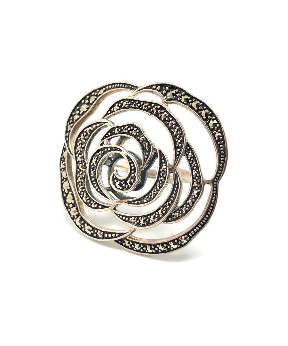 Grosse bague Fleur Camélia en argent et marcassites art déco