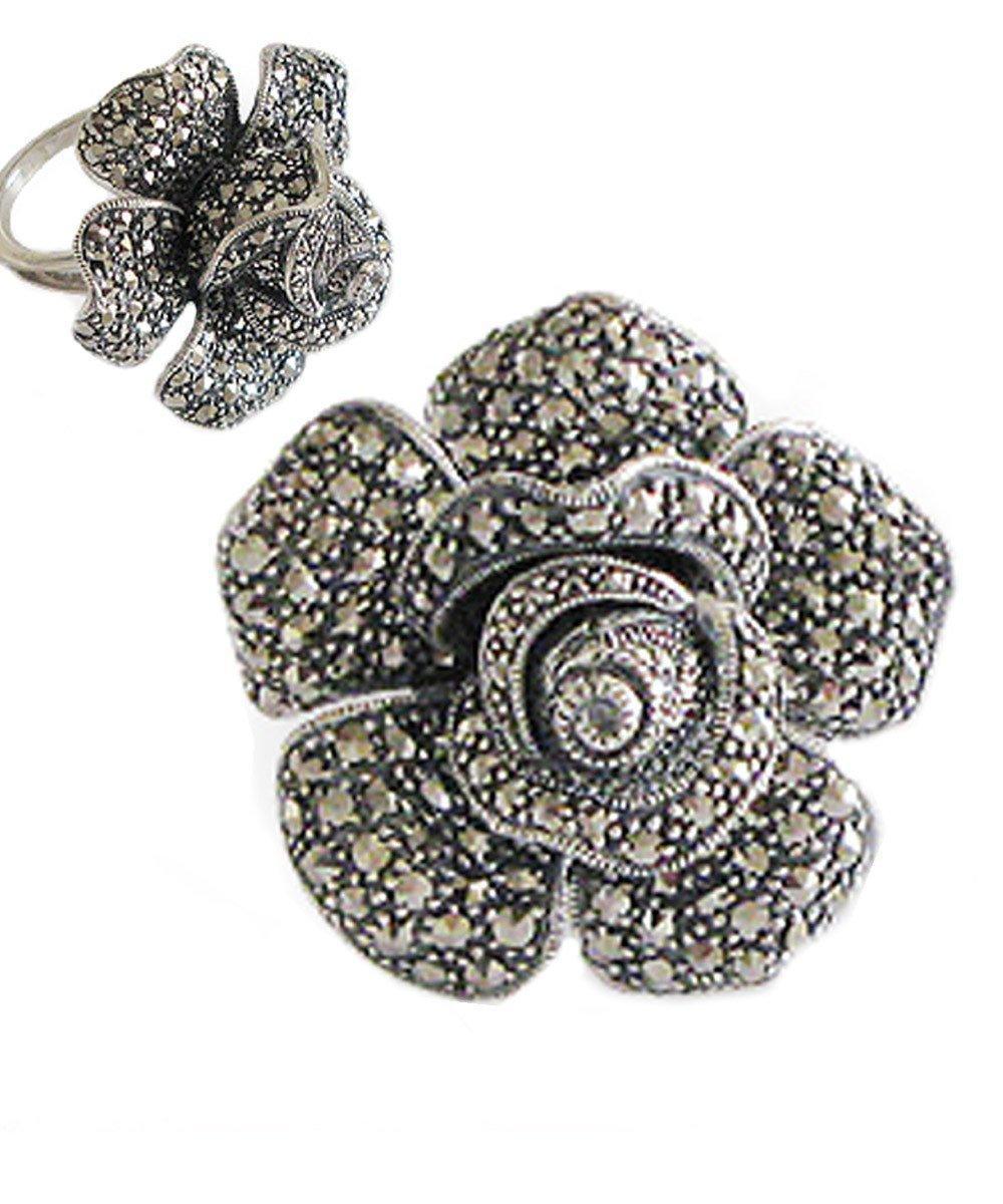 Grosse bague fleur art déco en argent et marcassites – Image 3
