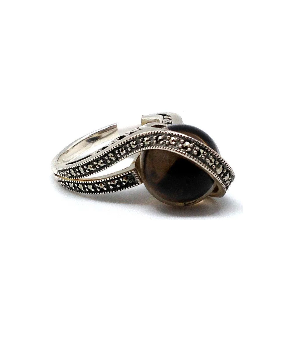 Bague boule art déco en quartz fumé, argent et marcassite