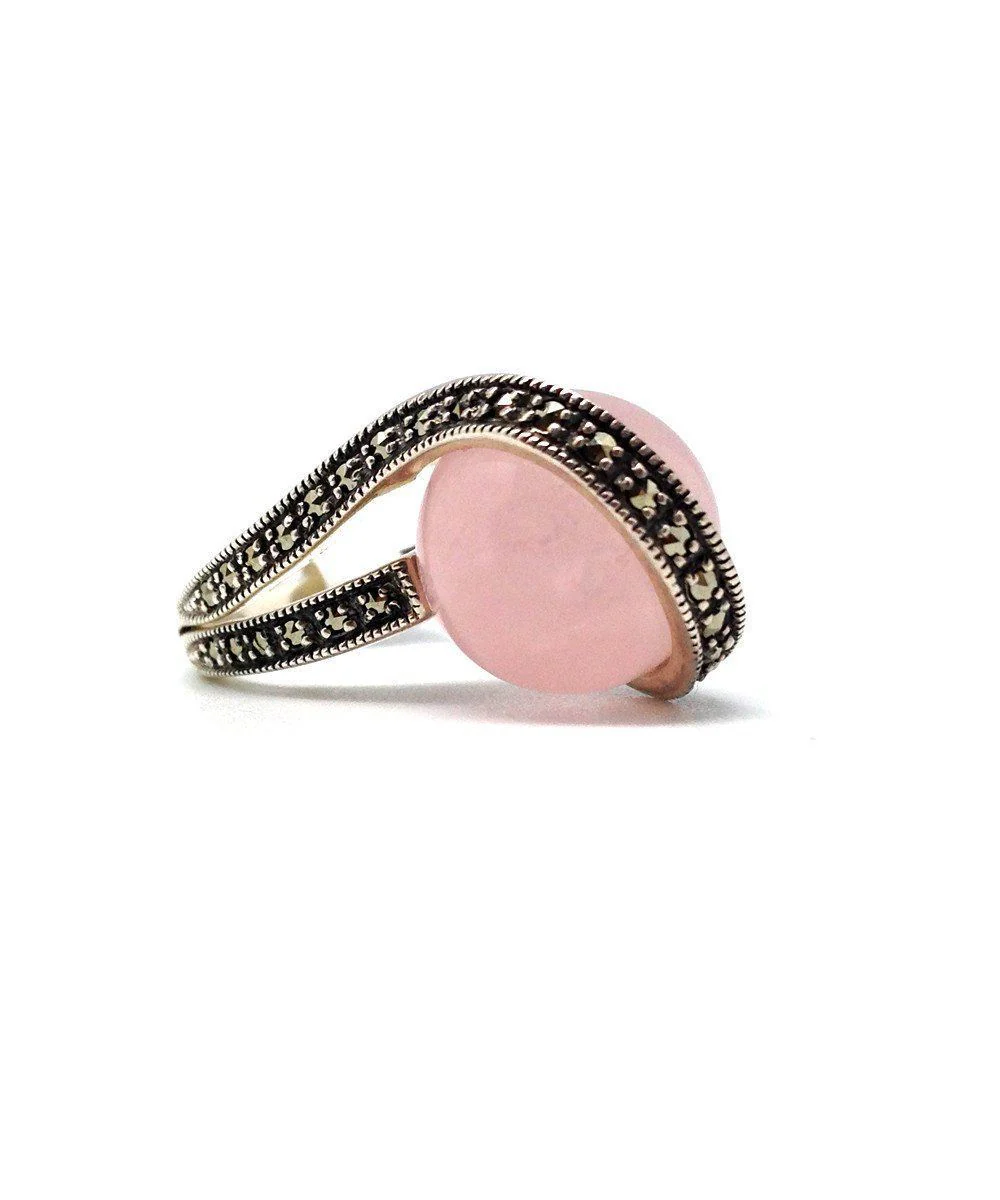 Bague art déco boule en quartz rose, argent et marcassite