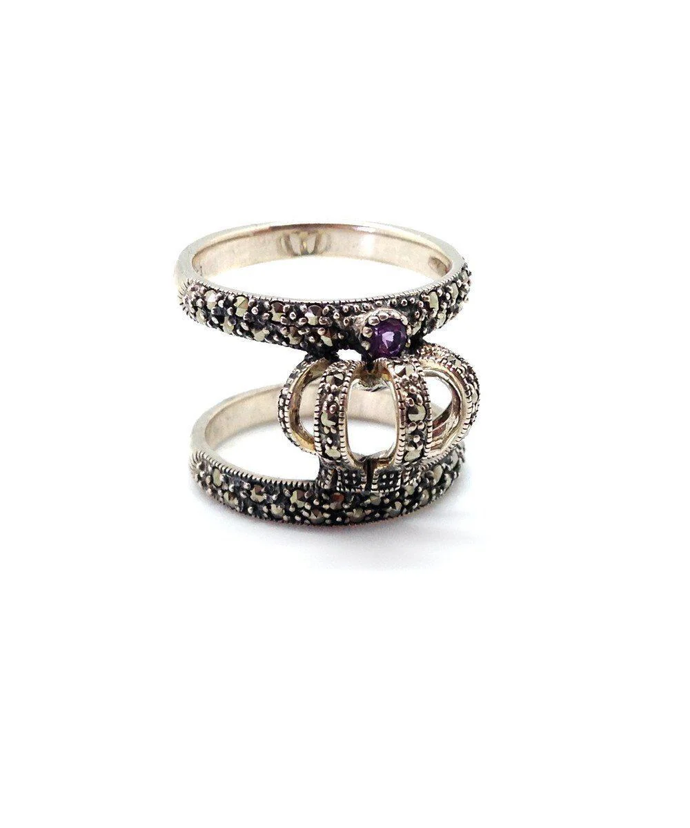 Double anneau couronne en argent et marcassites