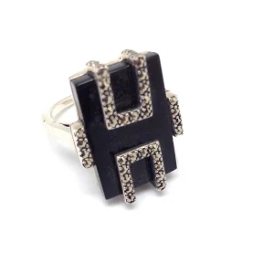 Grande bague onyx rectangulaire art déco en argent et marcassites
