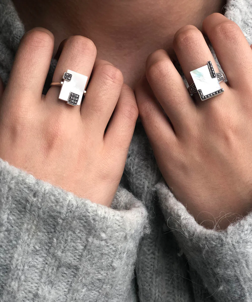Bague nacre Mireille rectangle en argent et marcassites de style art déco – Image 2