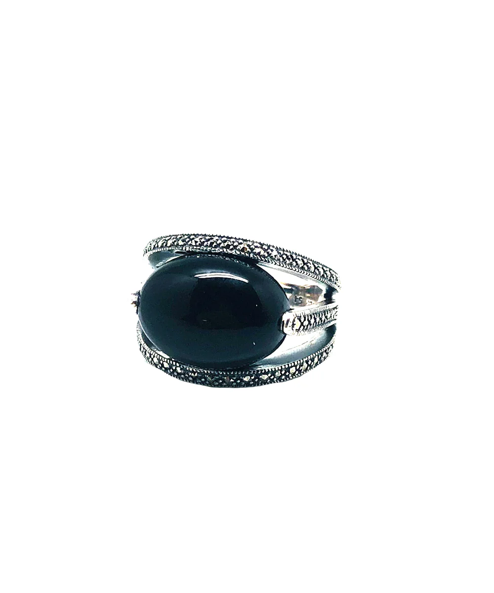 Bague onyx art déco ovale en argent 925 et marcassites
