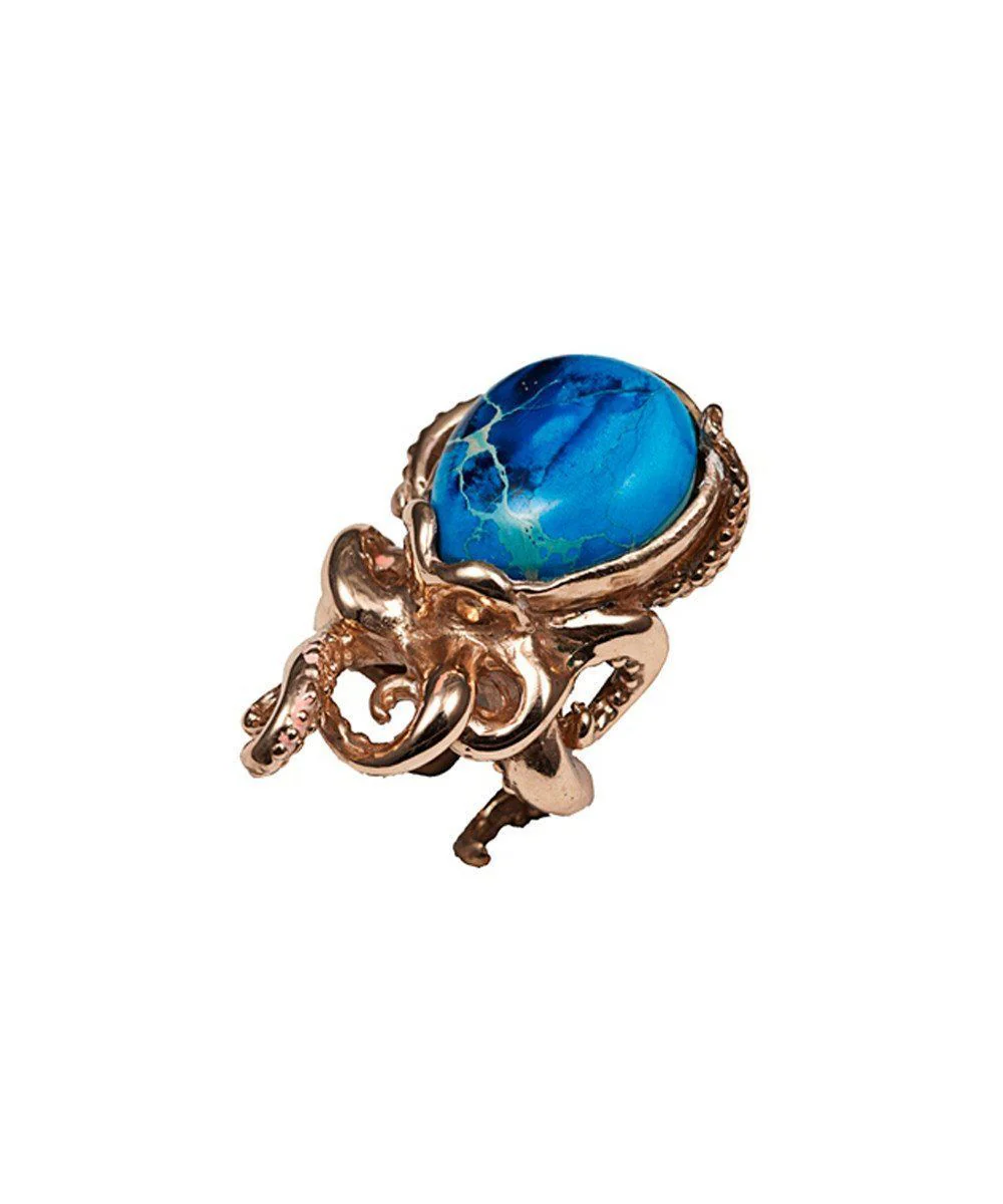 Bague pieuvre en bronze et pierre - Pyrite Chryscolla - Bernard Delettrez