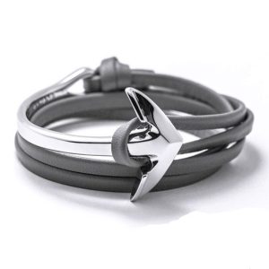 Bracelet femme ancre argent cuir gris