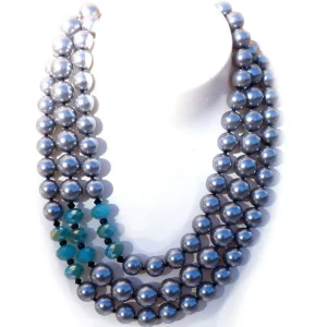 Collier de perles 3 rangs style Jackie - Gris et cristaux aqua - FlotB