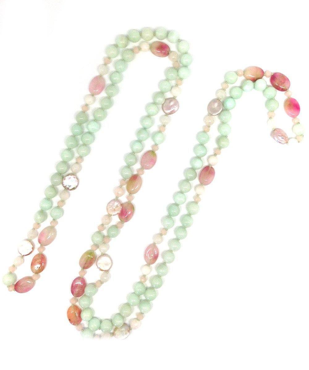 Collier sautoir perles quartz vert et rose, perles nacres - Fonsi – Image 3