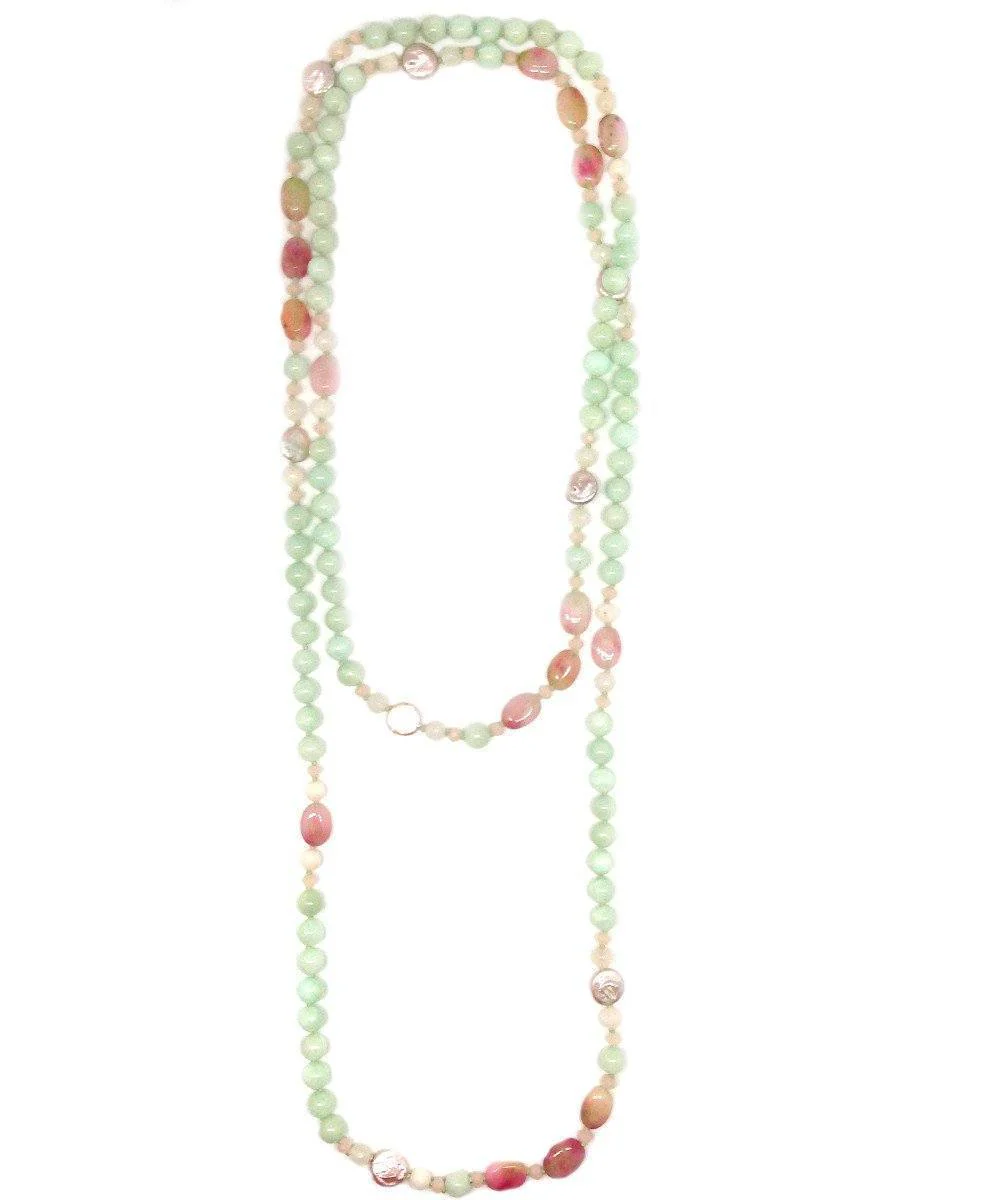 Collier sautoir perles quartz vert et rose, perles nacres - Fonsi